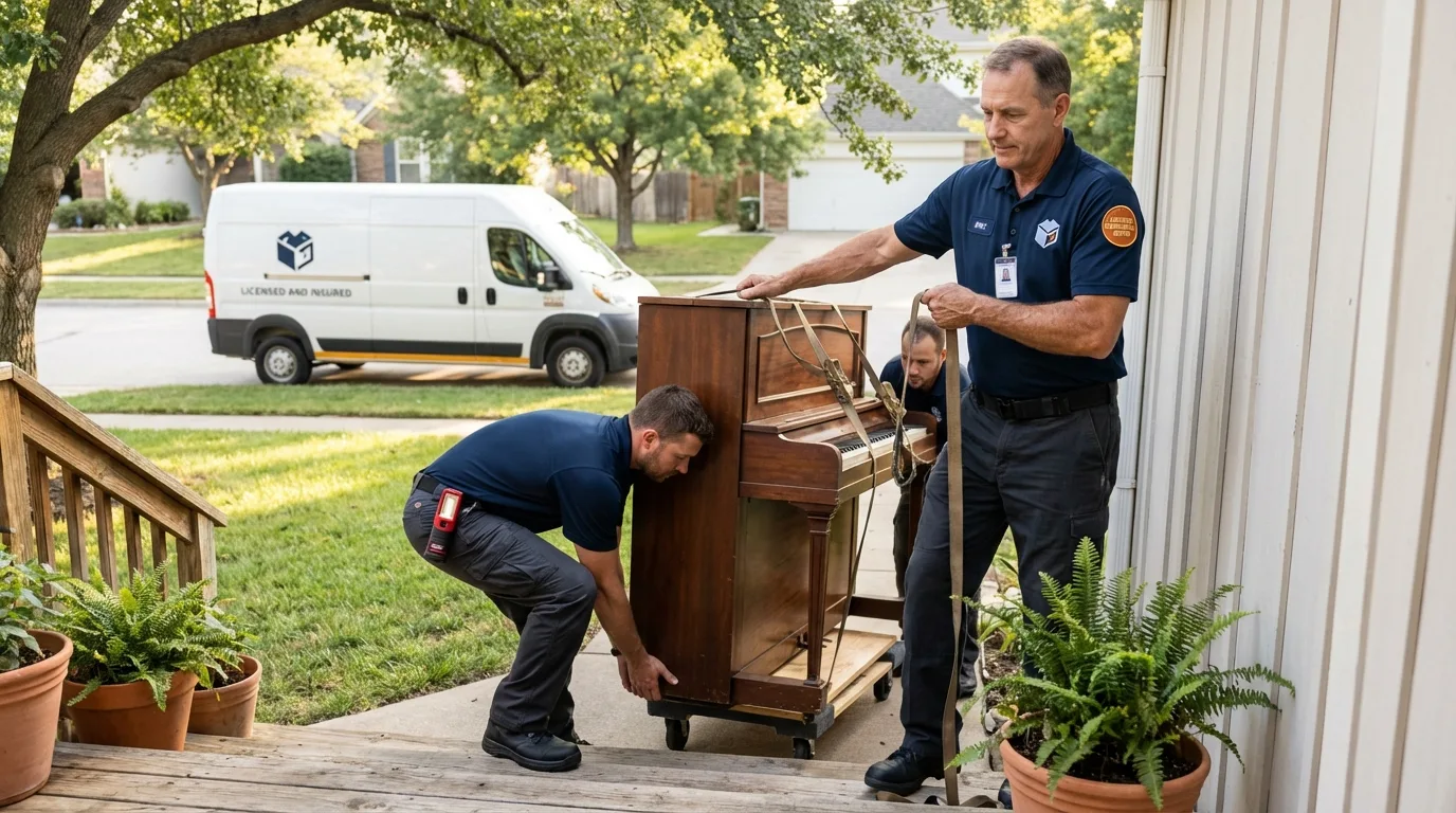 Licensed piano movers securing grand piano in Creston, IA
