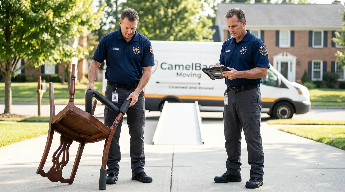 Movers inspecting furniture for damage prevention before loading in Creston, IA